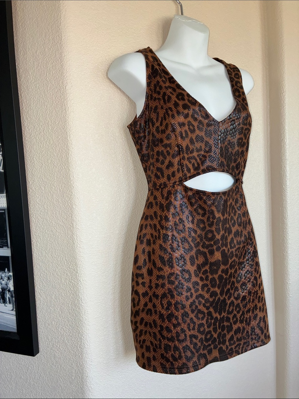 privy Sleek Mini Dress, Brown and Copper Leopard-Pattern, Midriff Cutout. M